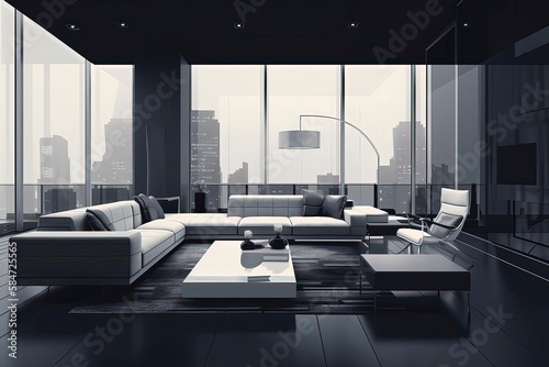 Illustration of modern light apartment with big windows. Generative AI