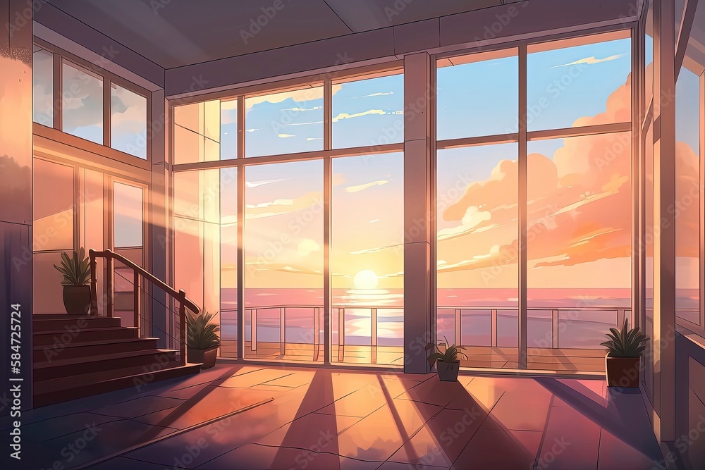 Illustration of modern light apartment with big windows. Generative AI Illustration of modern light apartment with big windows. Generative AI