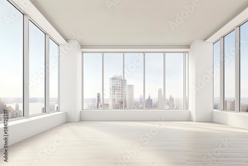 Illustration of modern light apartment with big windows. Generative AI