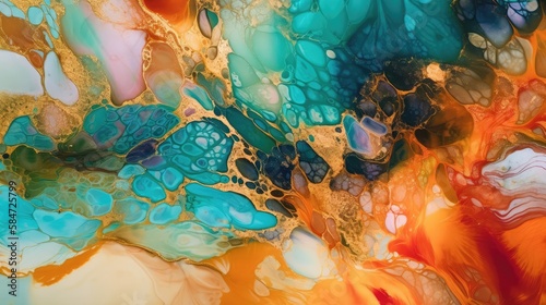 Vibrant Alcohol Ink Background with Golden touch, multicolored illustration. Generative Ai