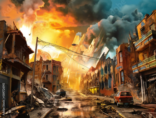 artistic representation of city destruction, apocalyptic urban scene, generative AI