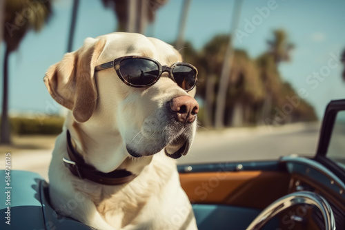 cool Labrador with sunglasses on holiday in florida in vintage, retro car , ai generative