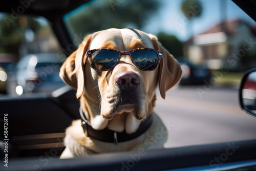 cool Labrador with sunglasses on holiday in florida in vintage, retro car , ai generative