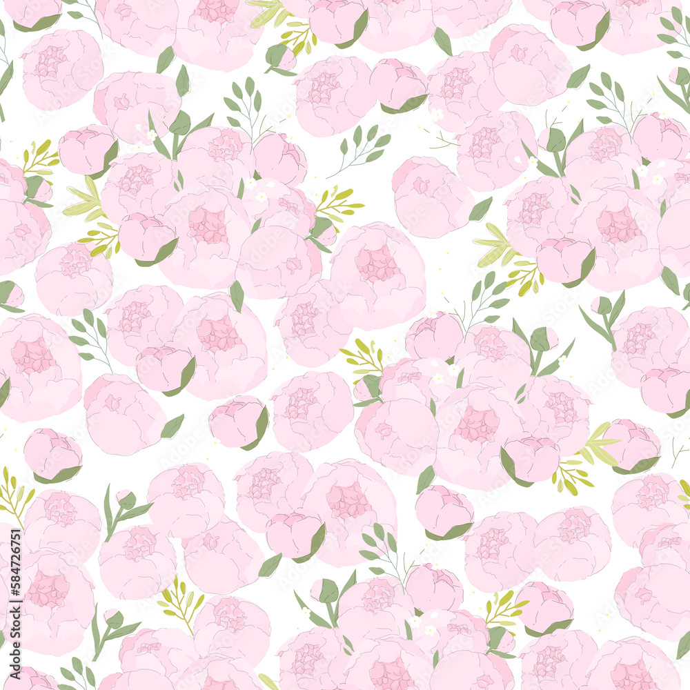 Vector Seamless Pattern with Pink Peony on Blue Background