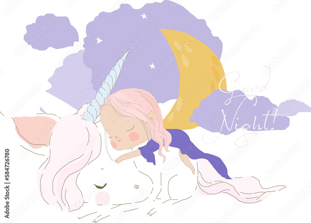 Cute Little Girl sleeps on Back of Unicorn. Vector Illustration