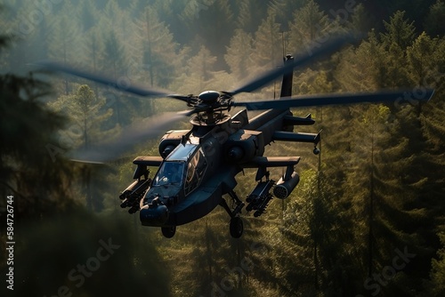 A Helicopter flies over the Forest, transport Soldiers, Observation - created with Generative AI technology © zzivic
