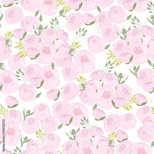 Vector Seamless Pattern with Pink Peony on Blue Background