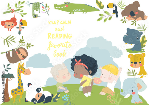 Children reading Book with Cartoon Animal. Vector Illustration