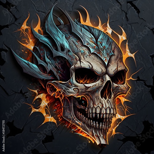 Artistic skull. Tattoo design with flames on background

