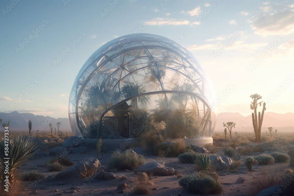 transparent dome with life inside, in the middle of the desert, Generative AI transparent dome with life inside, in the middle of the desert, Generative AI