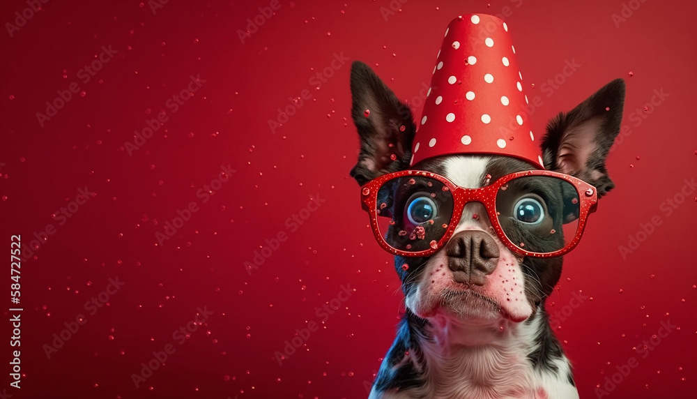 cute smile puupy dog wearing red glasses on red background with surprised face, Generative AI