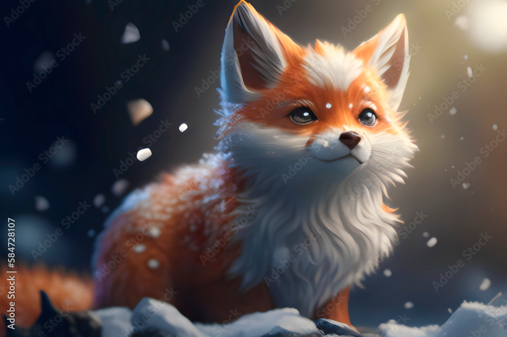 Obraz premium stylized drawing of a little cartoon fox on a snowy day, generative ai