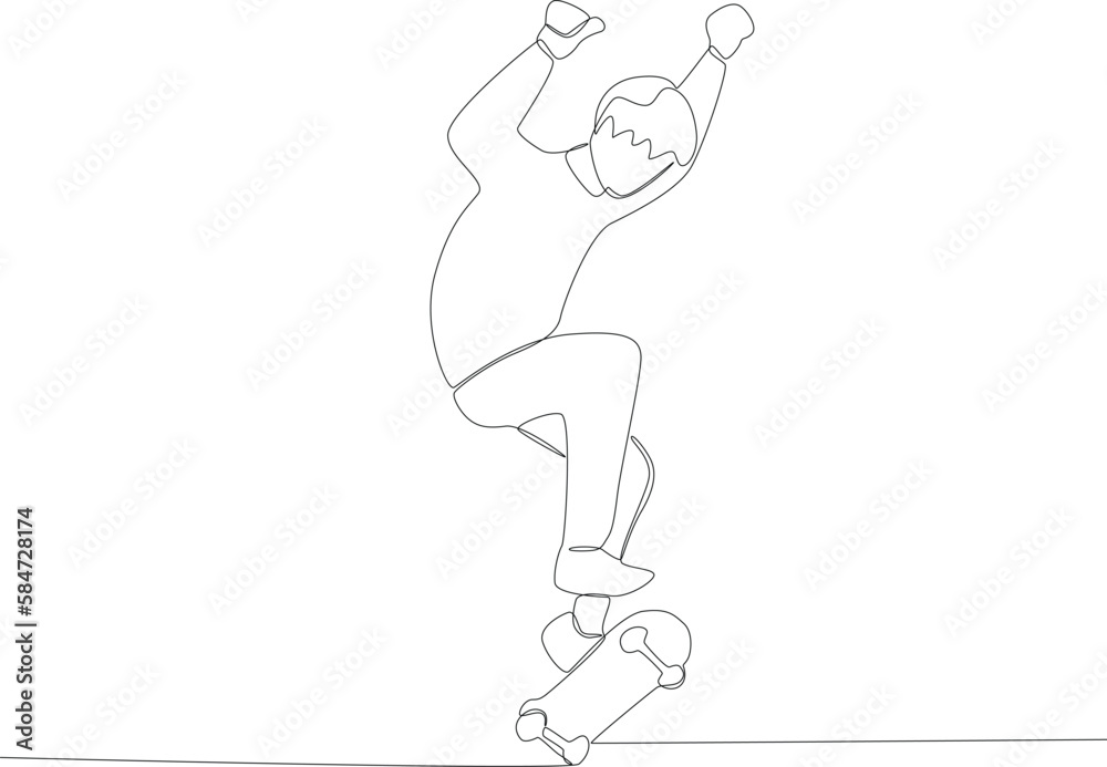 A young man jumps on the end of a skateboard. Skateboarding one-line drawing