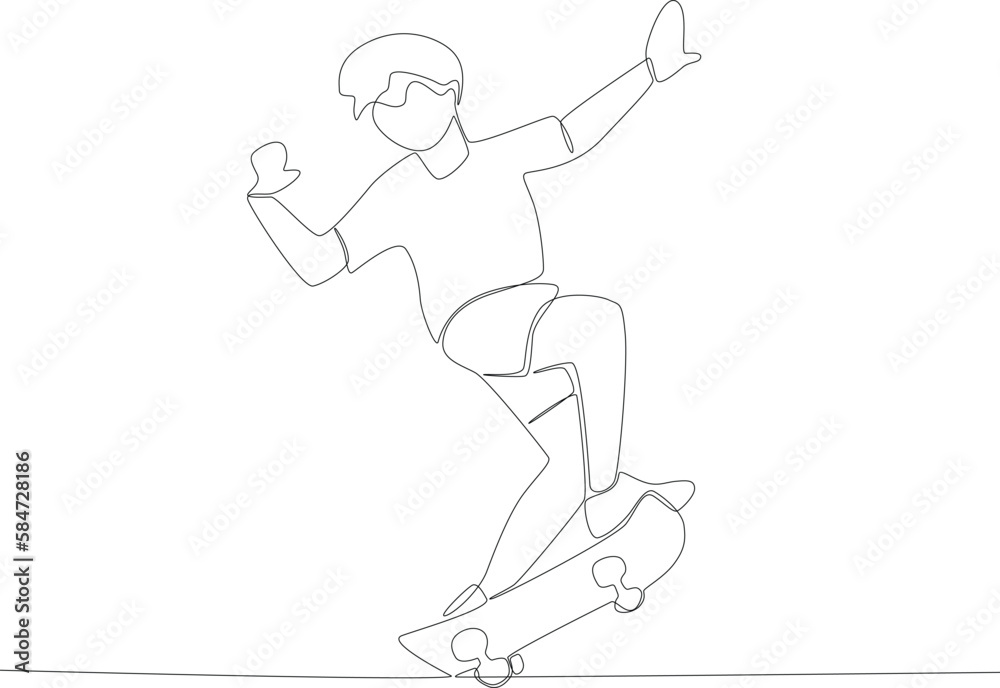 Man on skateboard looking back. Skateboarding one-line drawing