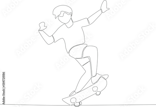 Man on skateboard looking back. Skateboarding one-line drawing