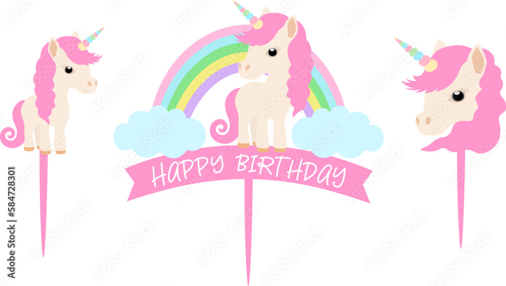 Сake toppers Happy birthday Cute Unicorn with rainbow templates vector illustration