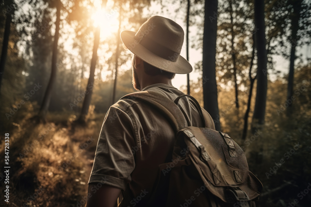 Caucasian male traveler in hat and with backpack in forest. Rear view of man in nature exploring on sunny day. Trekking, hiking, tourism, active lifestyle concept. Generative AI