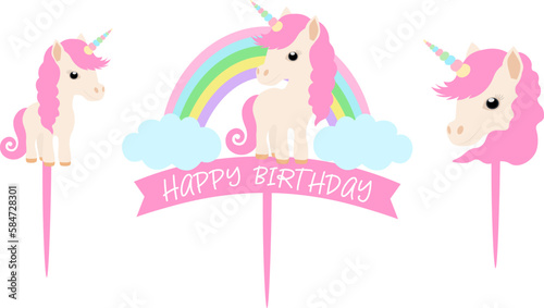 Сake toppers Happy birthday Cute Unicorn with rainbow templates vector illustration