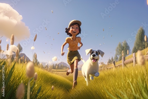 Cute Cartoon Girl Running w...