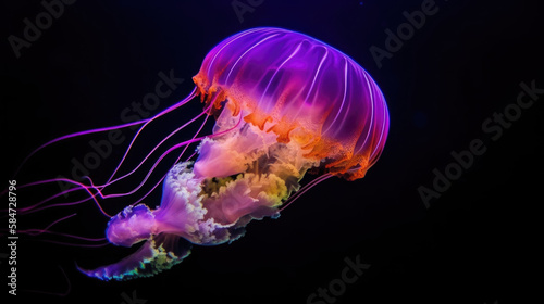 In a fish tank with neon lighting, a close-up view of a free-swimming marine coelenterate known as a jellyfish, which typically has a transparent, bell- or saucer-shaped body with a jelly-like texture