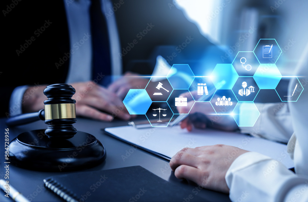 Smart law, legal advice icons and lawyer working tools in the lawyers