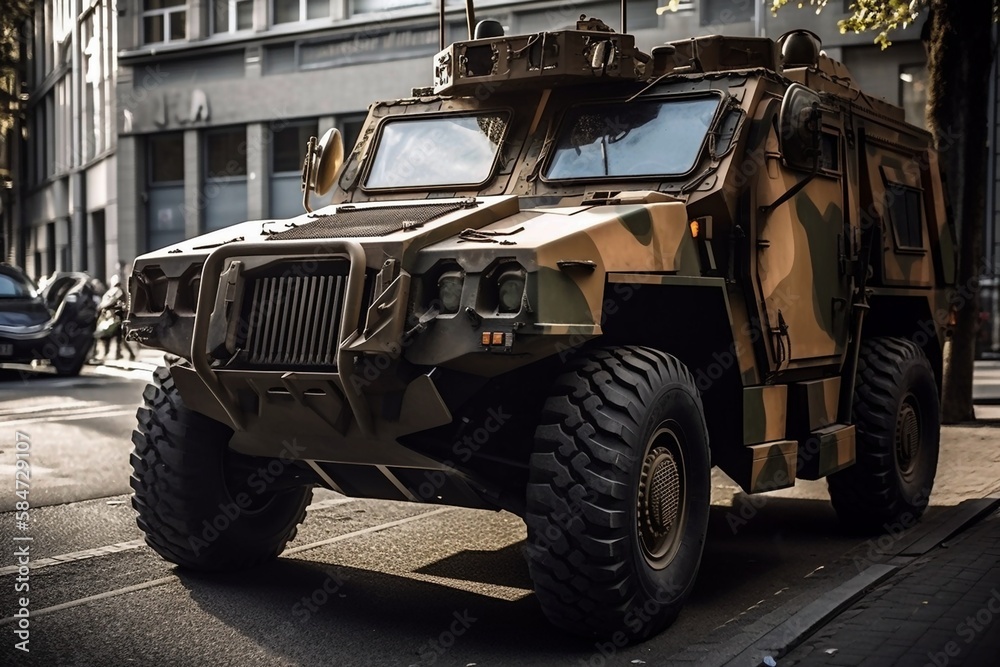 Combat vehicle on city roads, city occupation, civil war - created with Generative AI technology