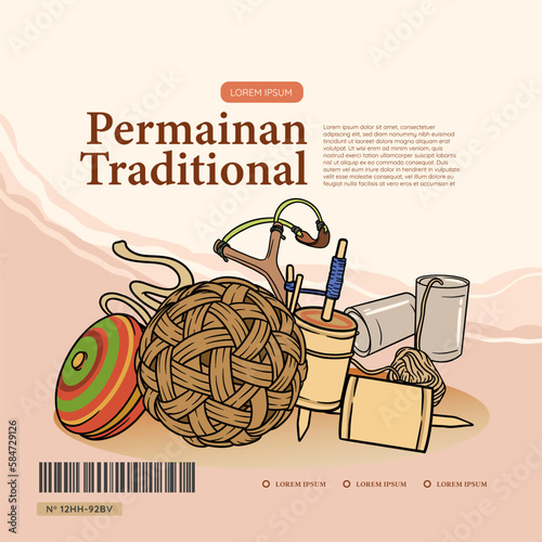 Indonesian traditional games Illustration for social media post. Hand drawn Indonesian cultures background. photo
