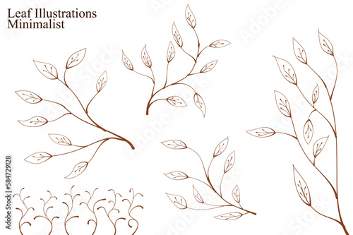 Set of silhouette branches with leaves. hand drawn of branch and leaf. Set of branches with leaves. hand drawn leaves. hand drawn leaf.