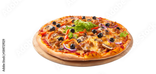 Delicious pizza served on wooden plate isolated of transparent background. PNG.