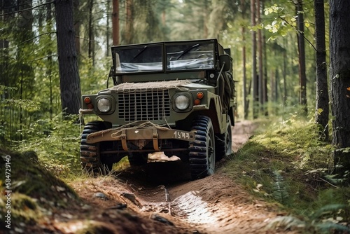 Military vehicle Jeep in the forest - Driving through the mud, Driving through the forest, camouflage created with Generative AI technology