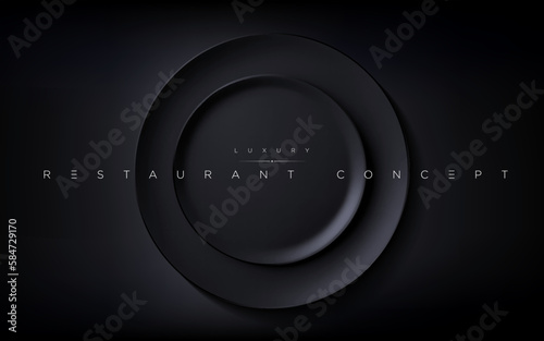 Isolated realistic luxury black round plate on the dark table. 3d elegant wallpaper for premium cafe, restaurant, fine dining, food brand, menu cover design etc… vector illustration