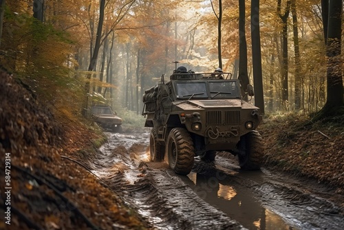 Military vehicle jeep in the forest - driving through the mud created with Generative AI technology