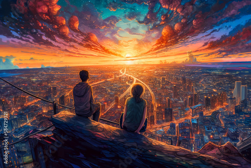 Illustration of a couple sitting on the edge of the building over an incredible sunset view of a big city, made with help of Generative AI