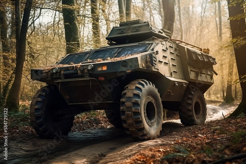 Military vehicle in the forest , Driving through the mud, Driving through the forest, camouflage - created with Generative AI technology