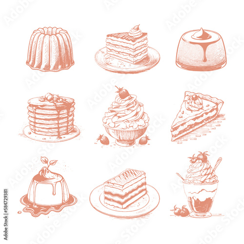 Sketch set of dessert. Pastry sweets collection isolated on white background. Hand drawn vector illustration. Retro style.