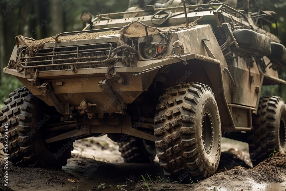 Military vehicle in the forest , driving through the mud,  camouflage created with Generative AI technology