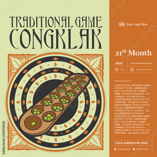 Hand drawn Indonesian traditional games Illustration. Egrang illustration with ethnic background photo