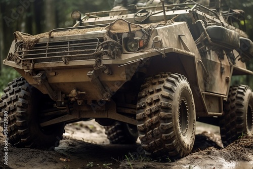 Military vehicle in the forest , driving through the mud, camouflage created with Generative AI technology