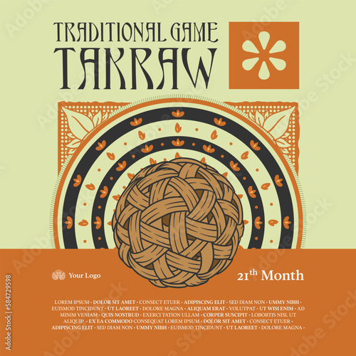 Takraw ball illustration with ethnic background. Hand drawn Indonesian traditional games Illustration. photo