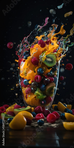 splash of fruit salad on black background. generative AI.