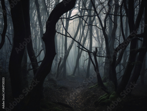 mysterious dark forest  foggy atmosphere  haunted woodland  generative AI