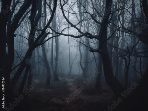 mysterious dark forest, foggy atmosphere, haunted woodland, generative AI