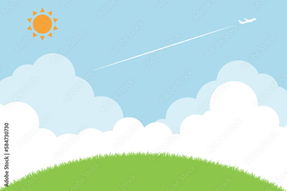 太陽と飛行機雲の丘の背景素材