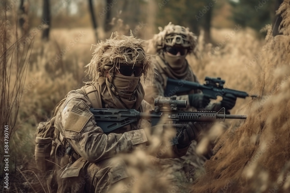 Fototapeta premium Masked and armed soldiers in ambush created with Generative AI technology