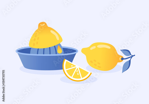 Lemon juicer. The process of making lemonade. Lemon slice. Illustration lemon with leaves in flat style.