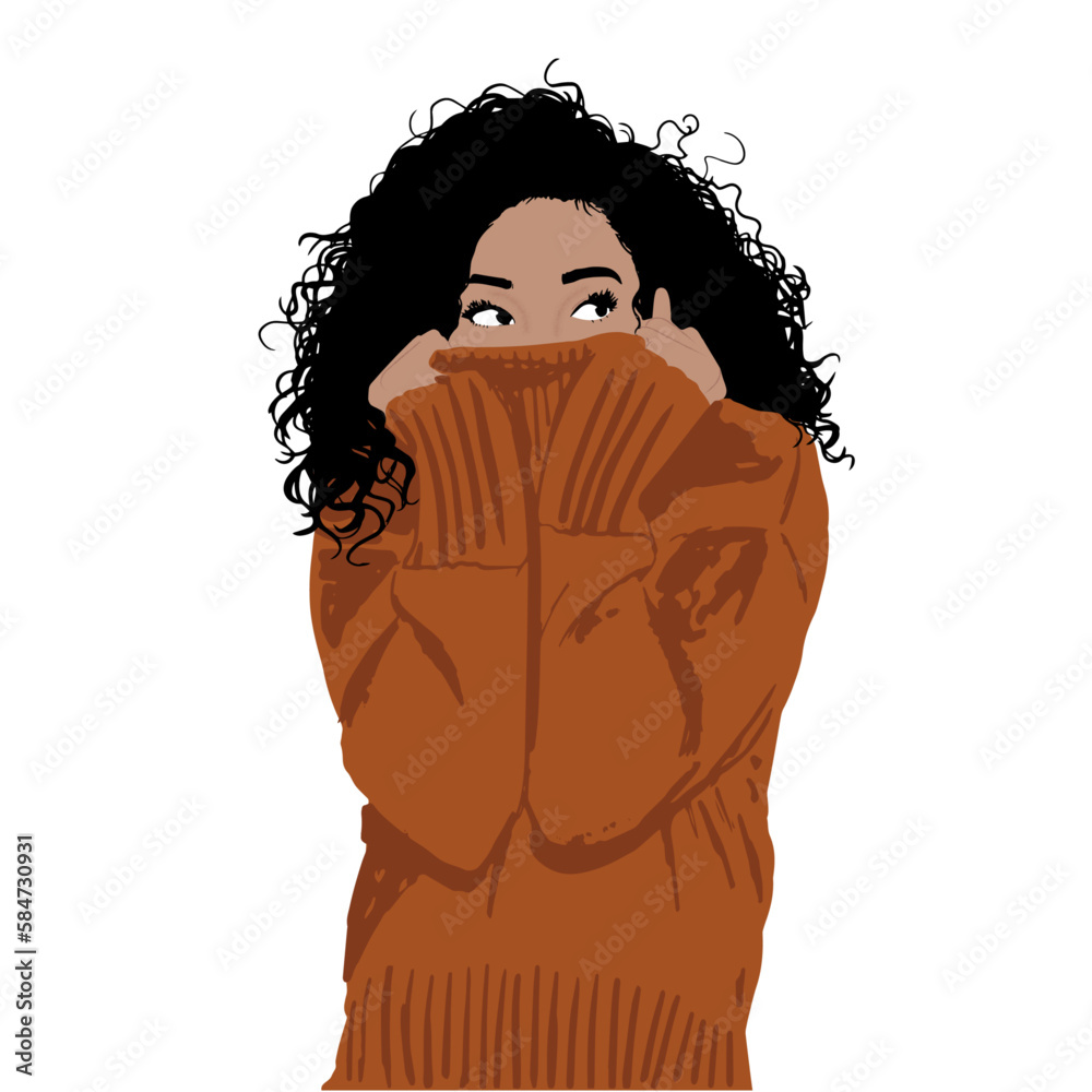 Mulher negra, mulher preta, representatividade, cachos, cabelo cacheado, inverno, agasalho, vetor