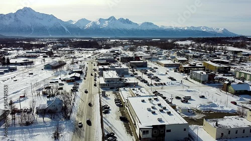 4k 30fps aerial video of the  downtown Palmer Alaska in the winter