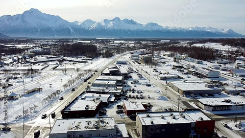 4k 30fps aerial video of the  downtown Palmer Alaska in the winter photo