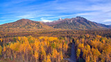Aerial view of the Matanuska River surrounded by autumn trees against mountains in Palmer, Alaska
