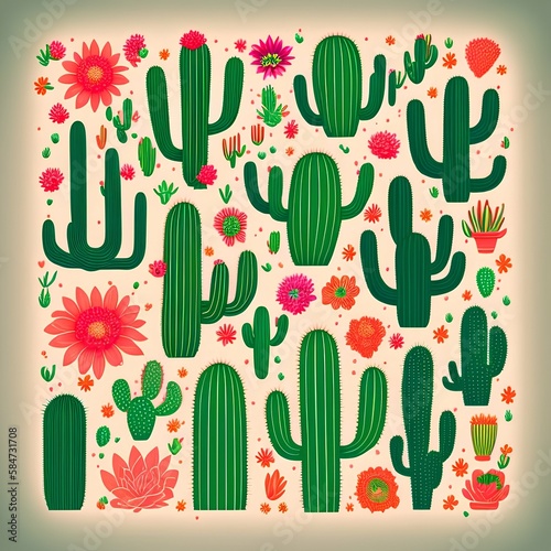 Retro cactus flowers illustration print poster - Vector - generative ai